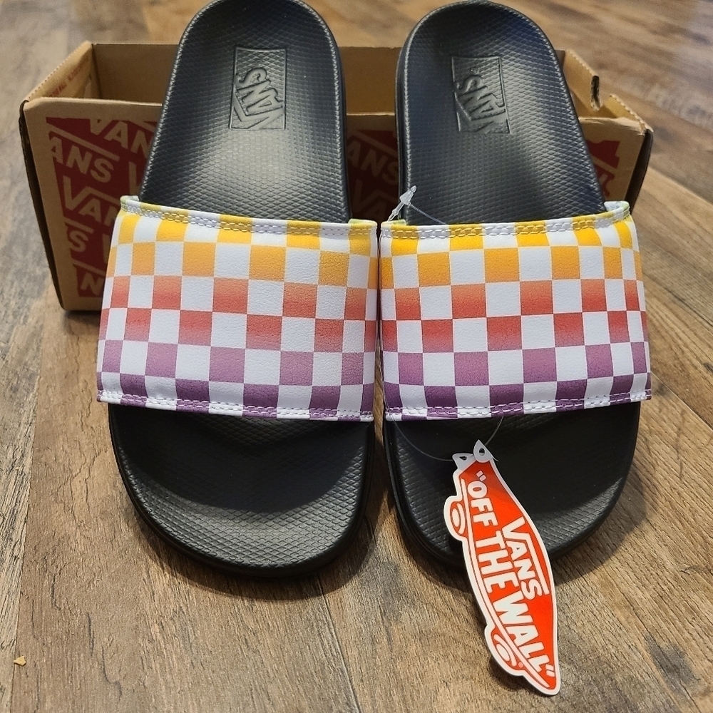 NEW Vans Range Slide On Slides Sandals Womens Rainbow Check Shoes